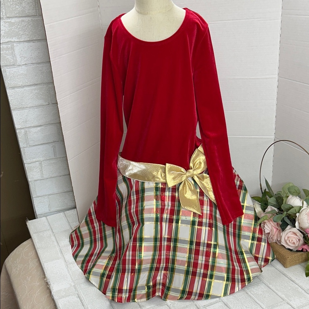 Red and Gold Plaid Dress with Bow